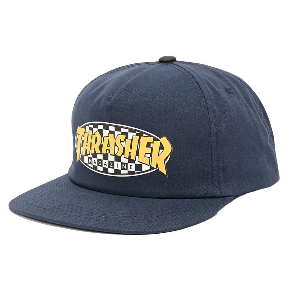 THRASHER MAGAZINE CHECKERED OVAL SNAPBACK NAVY UNI