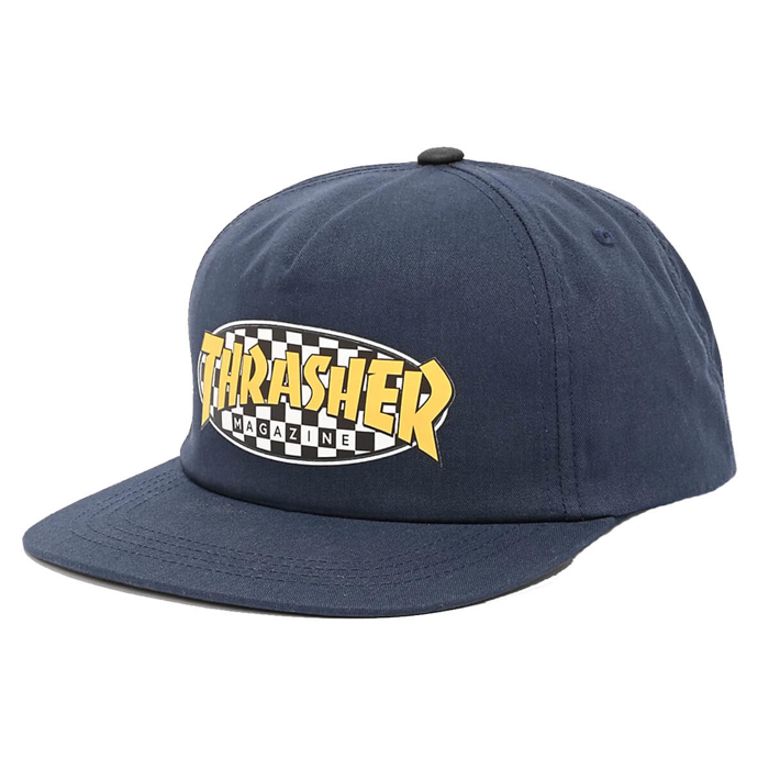THRASHER MAGAZINE CHECKERED OVAL SNAPBACK NAVY UNI